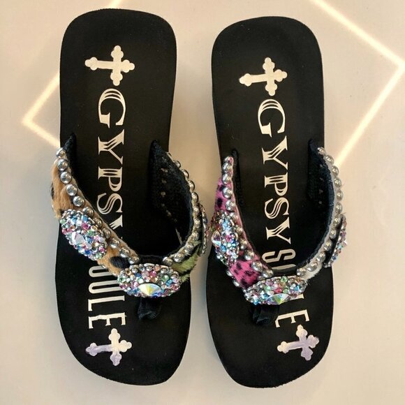 GYPSY SOULE Black Platform Flip-flops BeDazzle Swarovski Crystal Rhinestones 8 - Picture 5 of 16